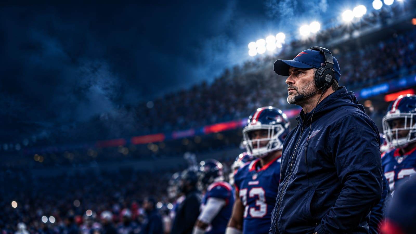 A head coach in a headset watches from the sideline under the lights